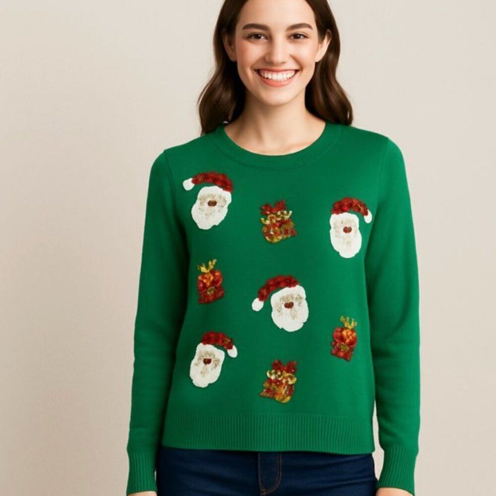 Victoria Harbour Green Sequin Santa Christmas Sweater Women’s Medium